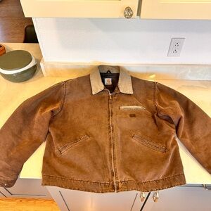 Vintage Carhartt Brown Work Jacket with Tan Collar and saddle blanket interior.